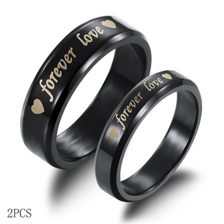 Black Titanium Couple Rings Engraved With Love Forever & Hearts
